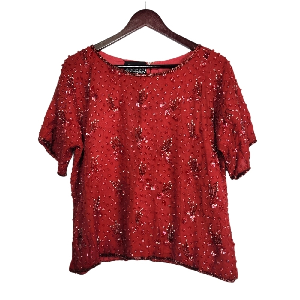 Vintage Red Sequined Beaded short sleeve top Silk blouse Holiday Party Valentine